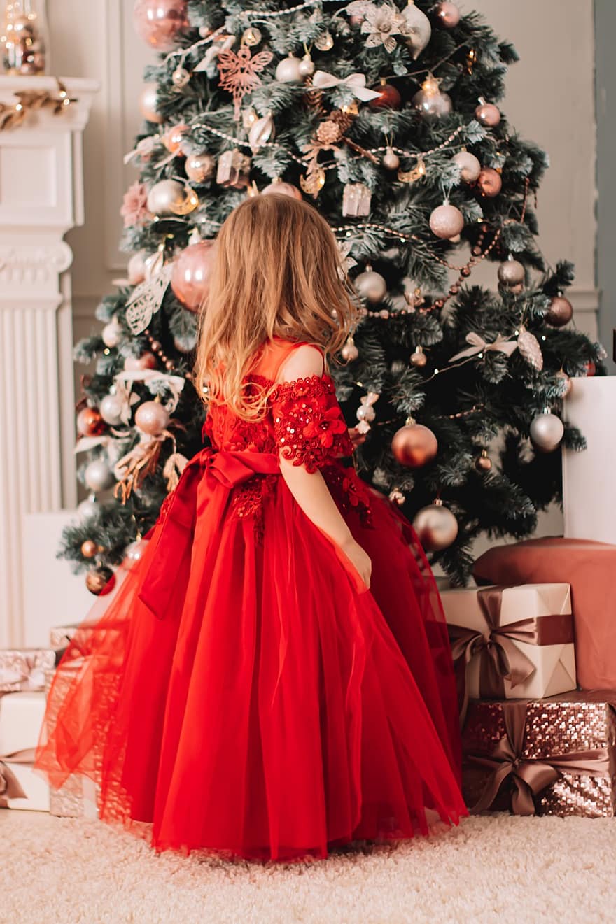 barn, pige, jul, rød kjole, mode, barndom, ung, nuttet, juletræ, nyt år