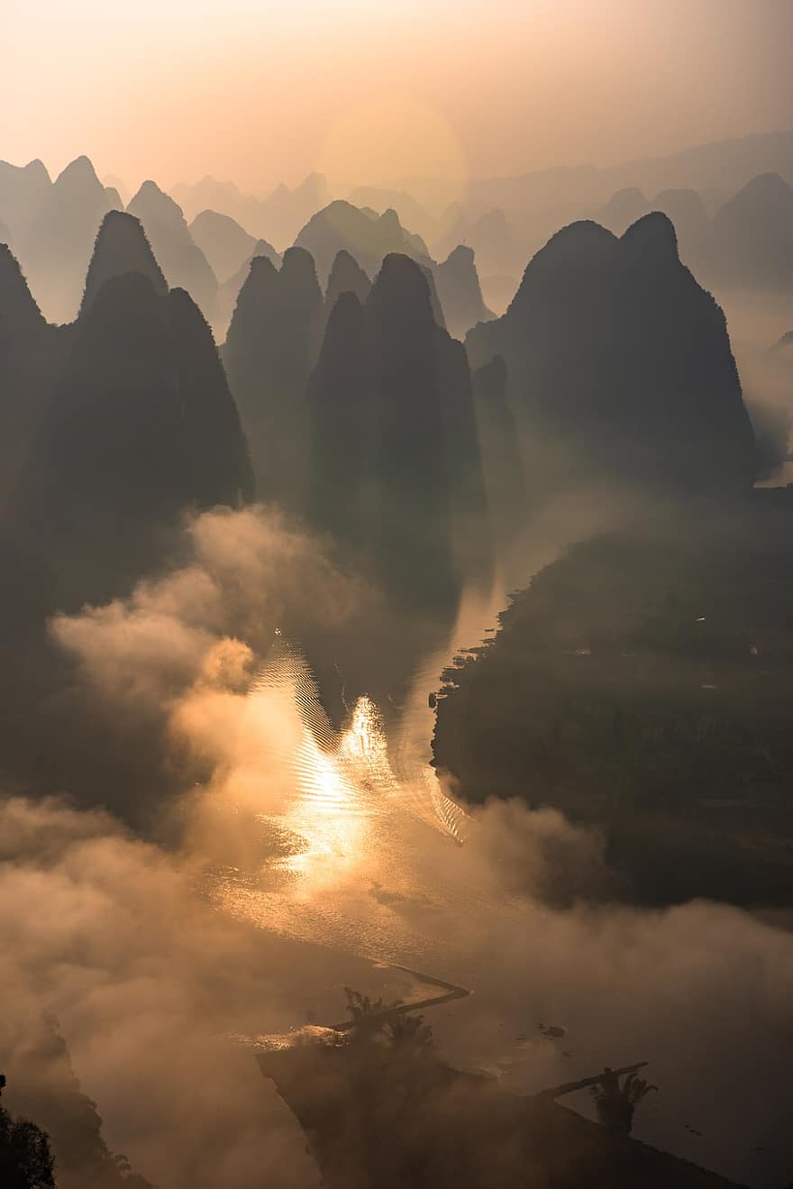 bình Minh, những đám mây, con sông, yangshuo, phường hội, Trung Quốc, núi, sự phản chiếu, bức vẽ, bình minh, đám mây