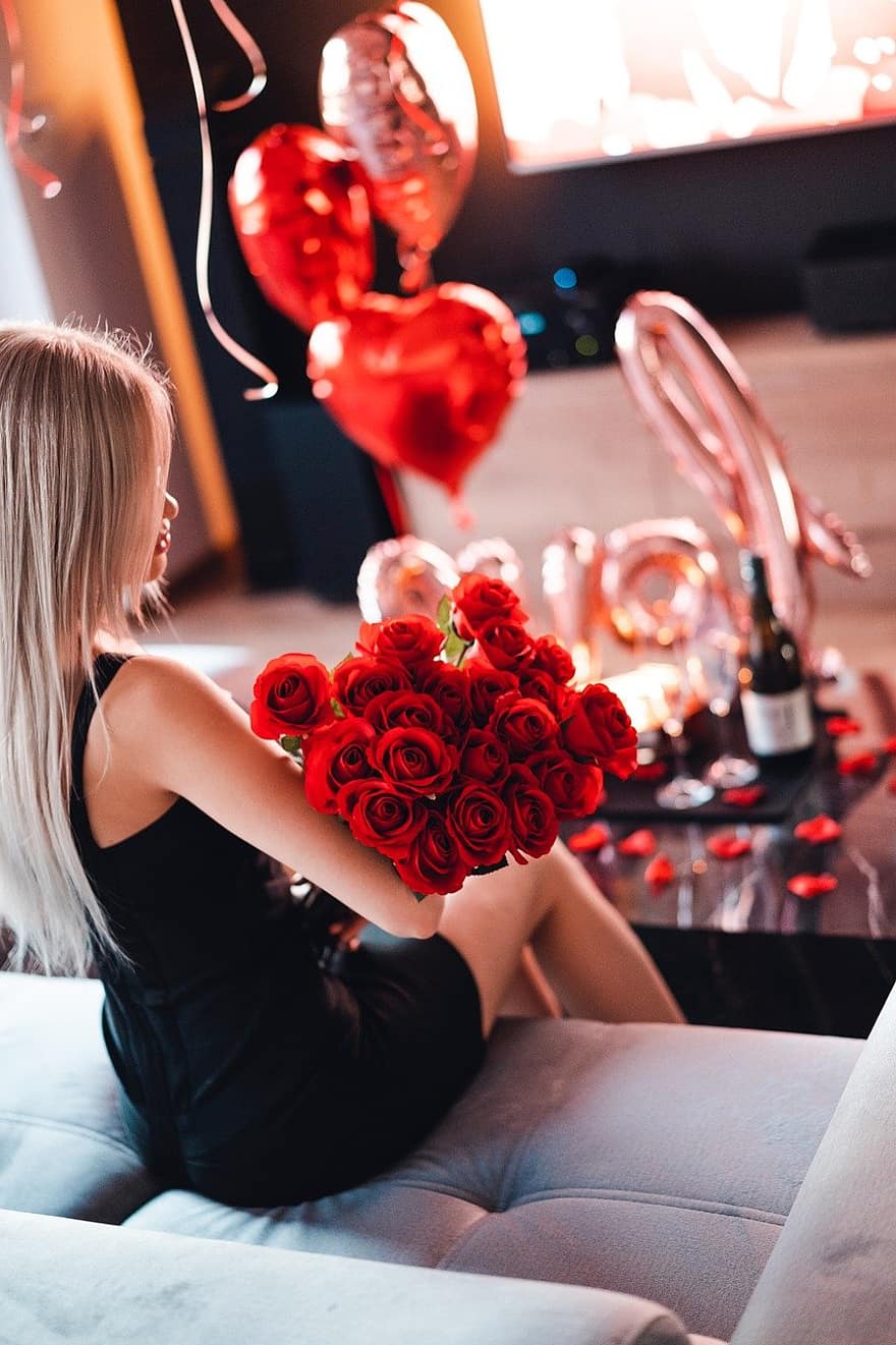 kvinne, roser, Valentinsdag, hjerter, pike, blomster, gave, valentine, kjærlighet, dating, kvinner