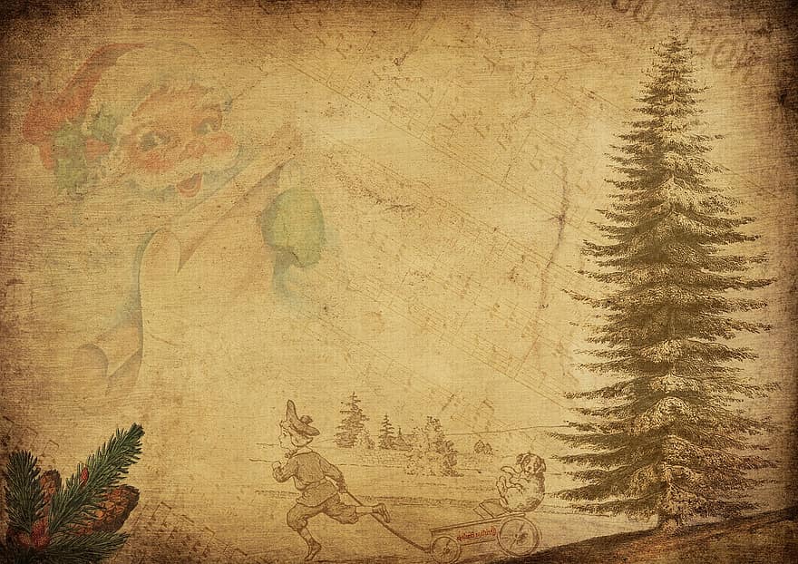 марочный, Дед Мороз, дети, рождественский мотив, снежный пейзаж, старый, поздравительная открытка, изображение на заднем плане, Николай, рождество, декоративный