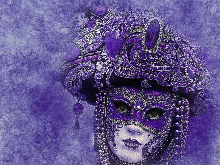 karneval, mask, maskera, konst, årgång, dekorativ, flicka, kvinna, prydnad, akvarell, måla splatter