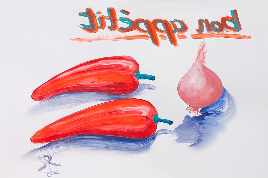 Color Sketch, Scribble, Onion, Pepper, Red, Blue, Turquoise, Good Appetite, Eat, Paint, Acrylic Painting