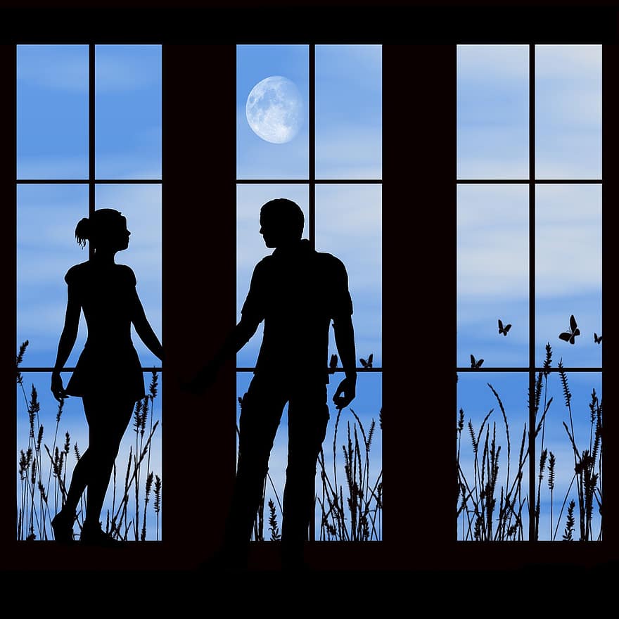 kjærlighet, romantisk, par, romanse, himmel, lykkelig, scene, måne, atmosfære, silhouette