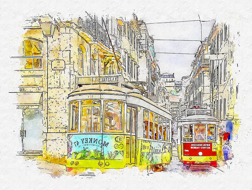 трамвай, Лиссабон, город, Португалия, транспорт, путешествовать, архитектура, туризм, Европа, городской пейзаж, движение