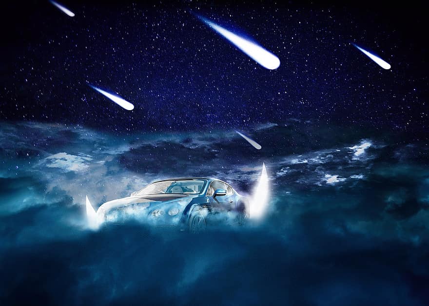 samochód, księżyc, ciemny, niebo, asteroida, noc, światło