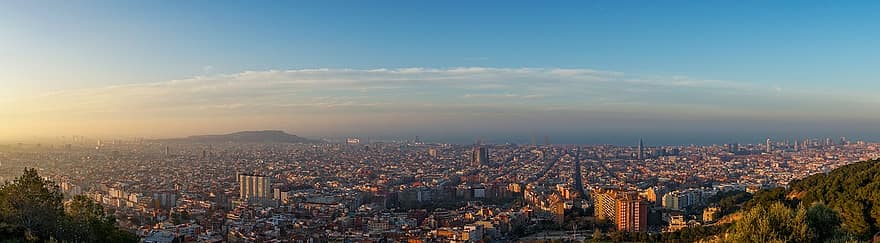 ciudad, edificios, panorama, paisaje urbano, rascacielos, céntrico, urbano, vista aérea, amanecer, puesta de sol