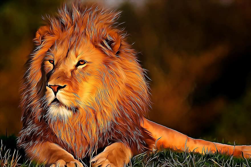 leão, predador, animais selvagens, pintura a óleo, pintura, tela de pintura, gato selvagem, região selvagem, juba