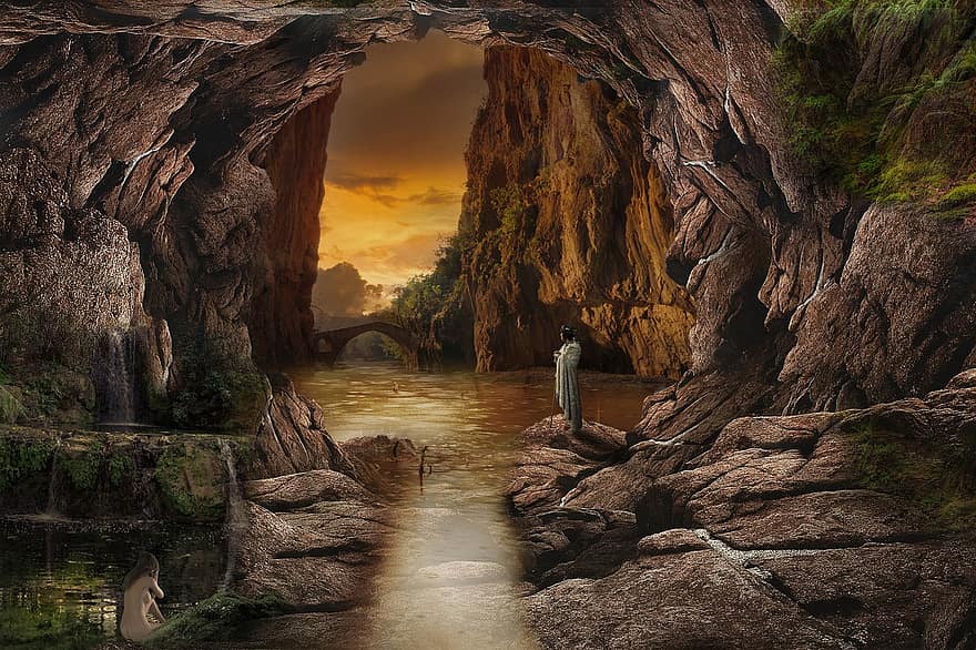 fantezi, mağara, doğa, gizemli, taş duvar, tünel
