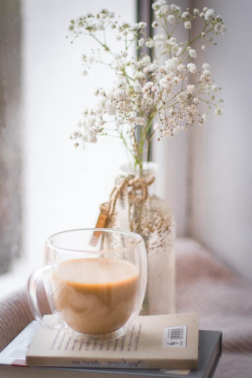 beure, cafè, flors, cafeïna, tassa, llibre, gerro