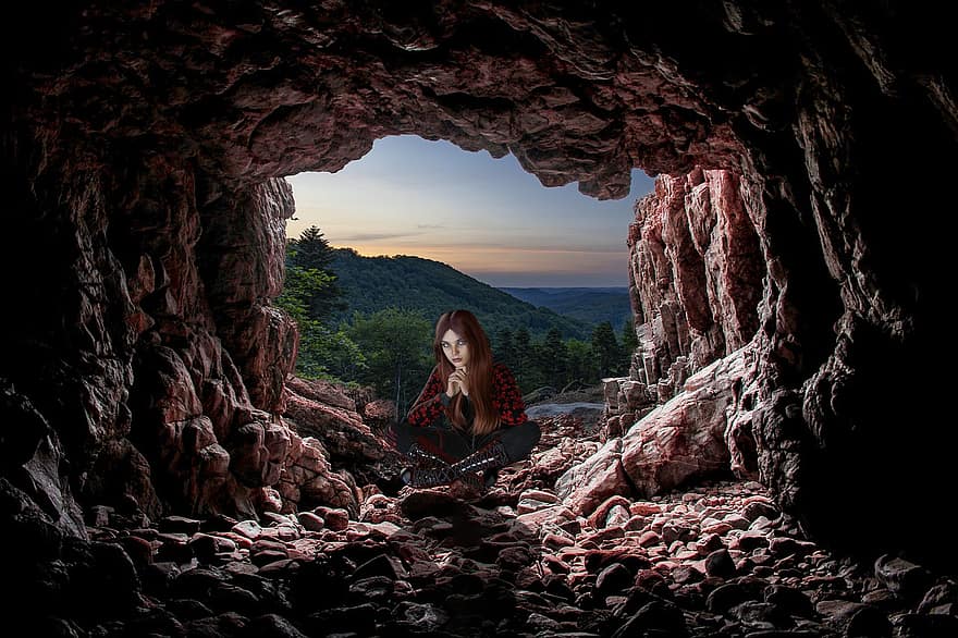 печера, природи, жінка, анімація, фантазія
