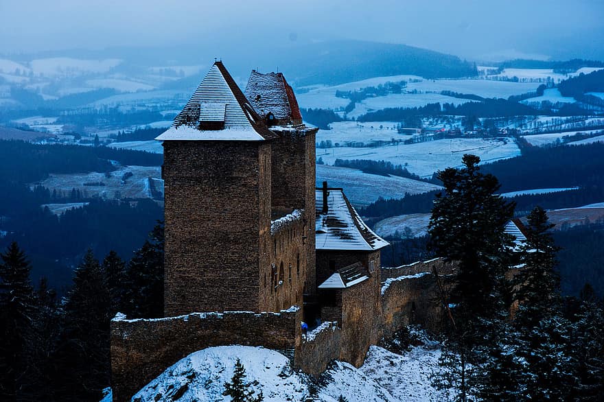 Kastil, musim dingin, Arsitektur, benteng, puri kuno, gereja, pemandangan, kastil abad pertengahan, eropa