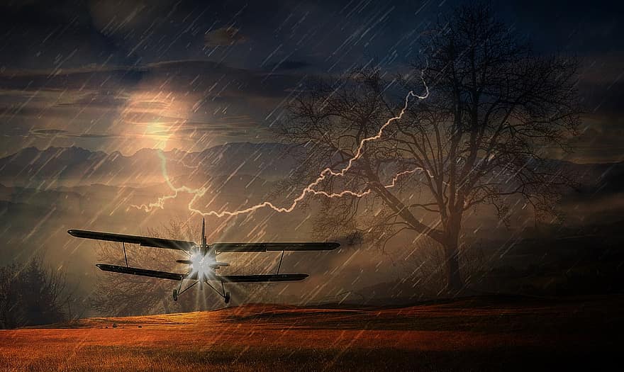 Flugzeug, Notlandung, Sturm, Blitz, nach vorne, Regen, Risiko, Doppeldecker, Himmel, Wolken, fliegend