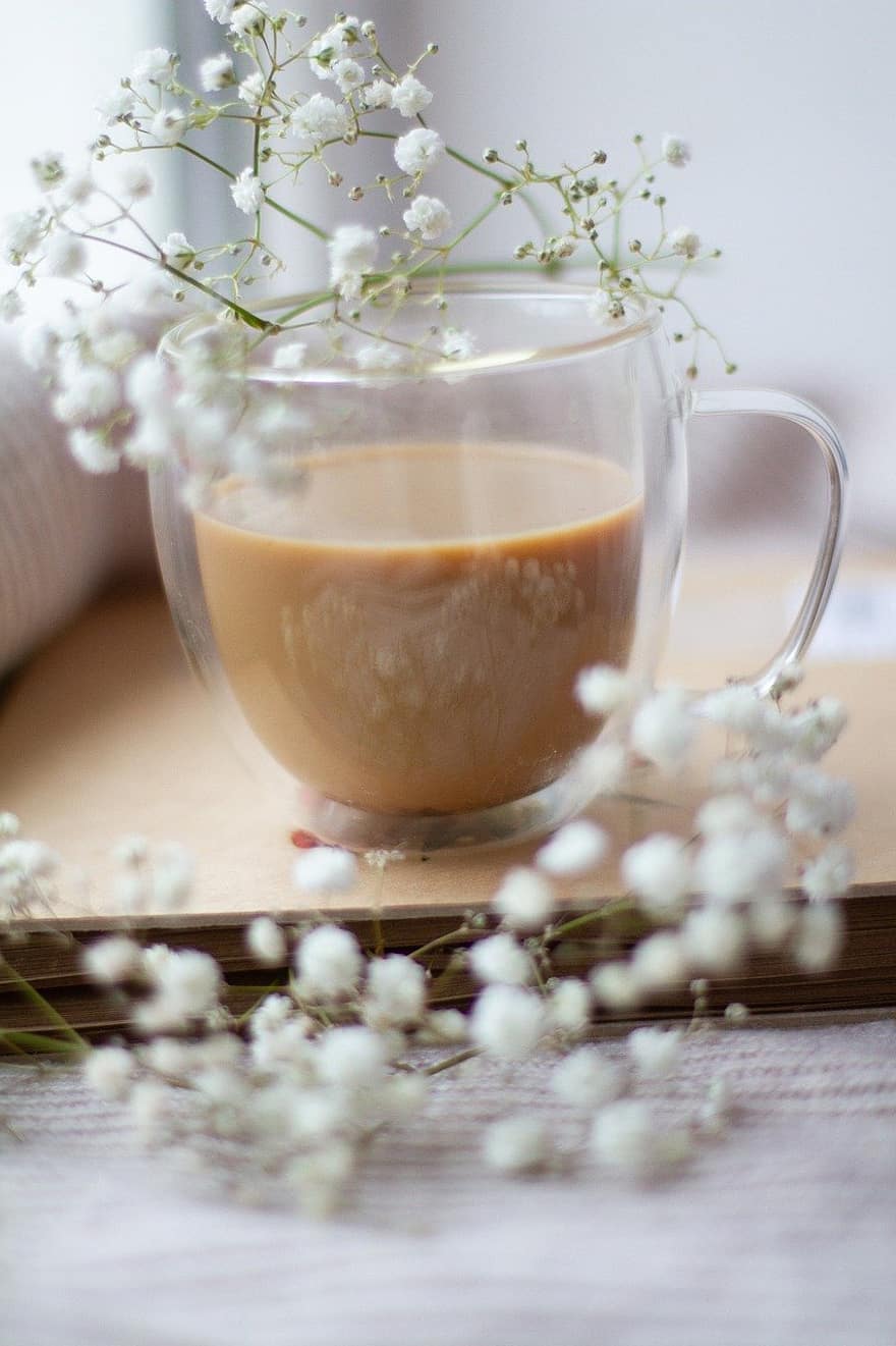 beure, cafè, al matí, tassa, ampit de la finestra, flors, vidre