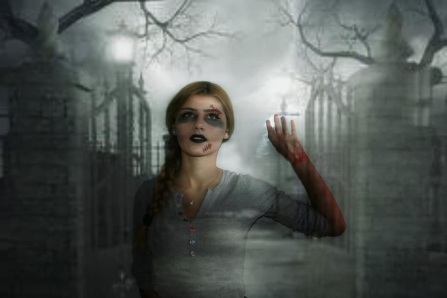 Halloween, fantasma, cimitero, tomba, ragazza