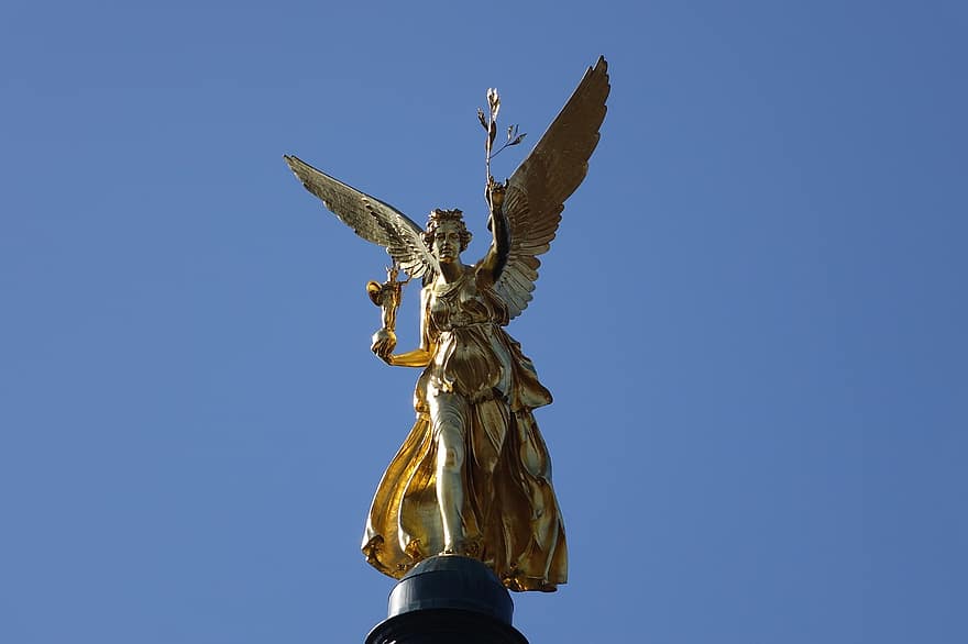 Munich, Angel Statue, Monument, Gold Statue, statue, sculpture, christianity, blue, symbol, religion, famous place