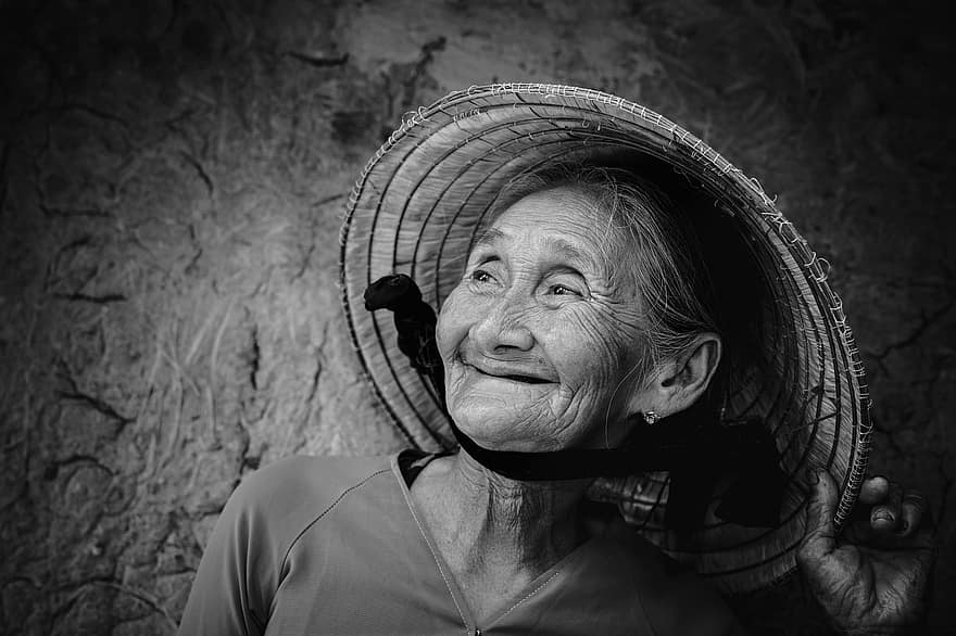 vrouw, oude vrouw, portret, ouderen, senior, oud, glimlach, mooi, Vietnamees