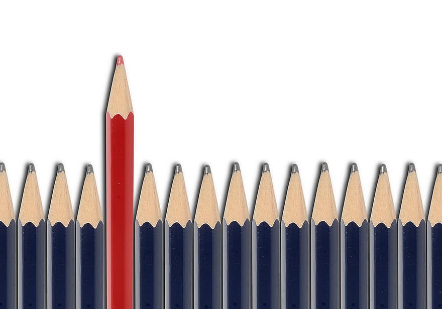 鉛筆、独特の、目立つ、赤鉛筆、ダークブルーの鉛筆、違う、多様性