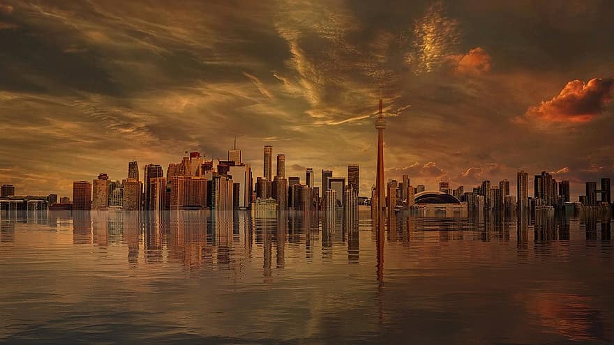Toronto, Canadá, lago, puesta de sol, ciudad, horizonte, rascacielos, torre, edificios, paisaje urbano, urbano