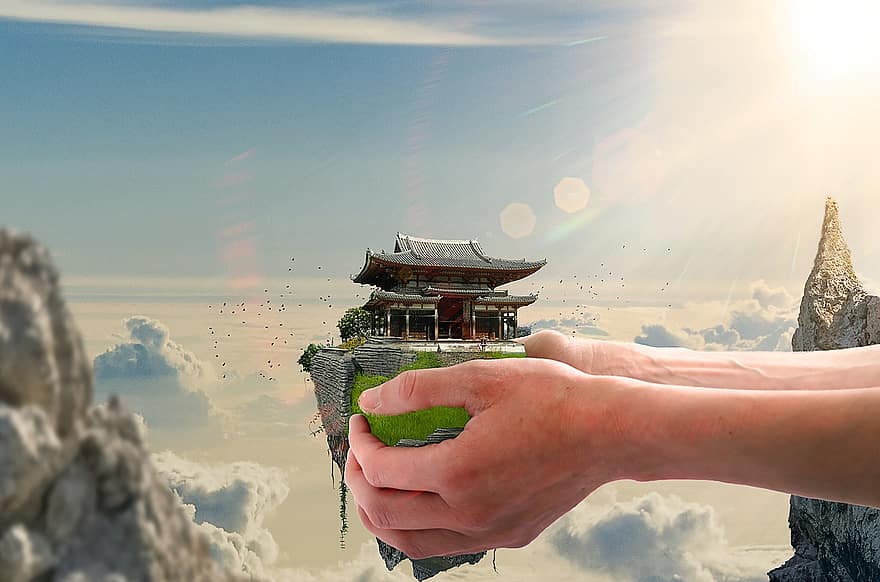 mains, en portant, temple japonais, fantaisie, temple, falaise