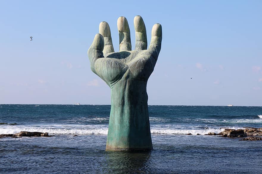 roka, pirkstu, skulptūra, pohang, homigots, māksla, pludmale, vīriešiem, vasarā, ūdens, cilvēka roku