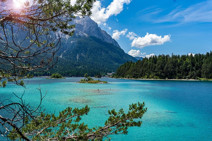 lago, destino, naturaleza, Zugspitze, eibsee, turquesa, agua, ocio, idilio, Bergsee, paraíso