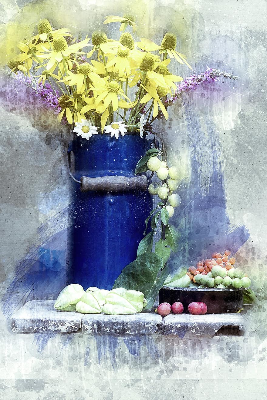 masih hidup, pot, bisa, pintu kayu, Latar Belakang, bunga-bunga, bunga kerucut, buah-buahan, mangkuk, manipulasi digital, seni foto