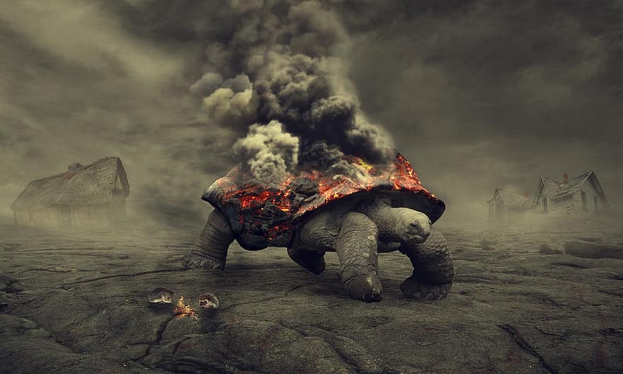 костенурка, пожар, поток от лава, лава, дим, сив, влечуго, таралеж, огън, манипулация, Photoshop