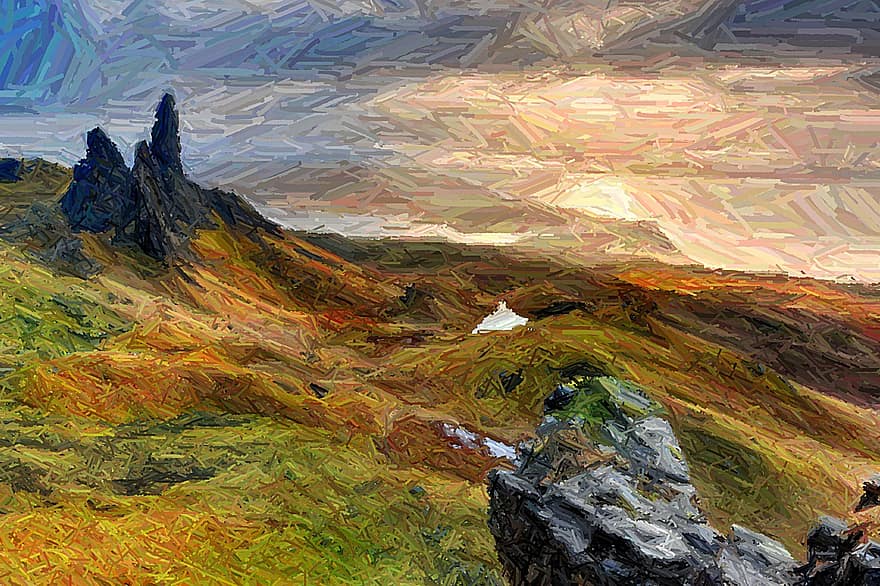 Шотландия, живопис с маслени бои, планини, природа, крайбрежие, живопис, експресионизъм, Живопис с темпера, пейзаж, залез