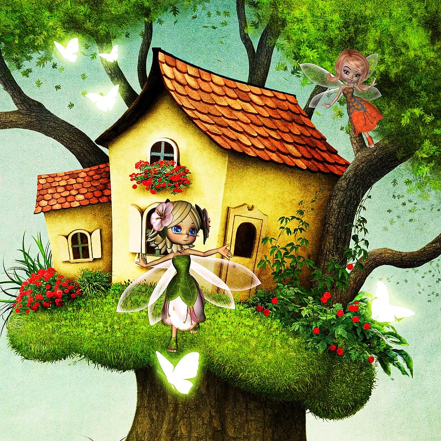 fantasia, fades, casa de l'arbre, papallones, noies, ales, volant, casa, màgic, arbre, petit