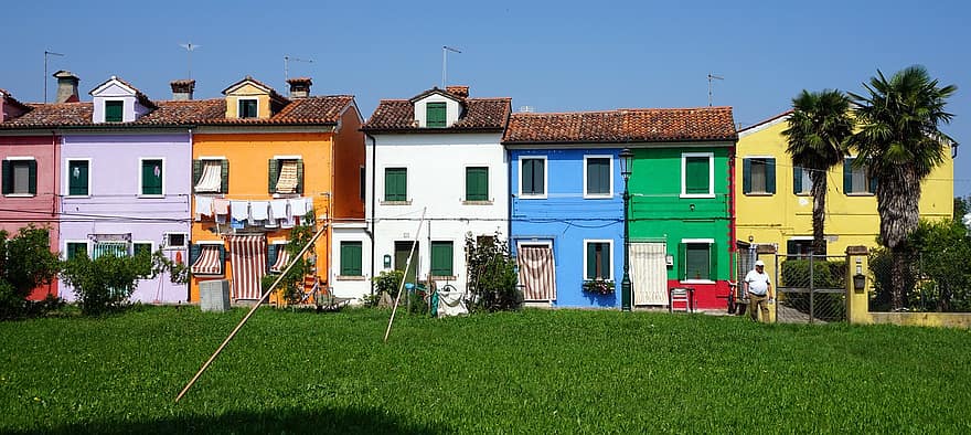 ブラーノ、建築、カラフル、ヴェネツィア、イタリア、休暇、青、緑、黄