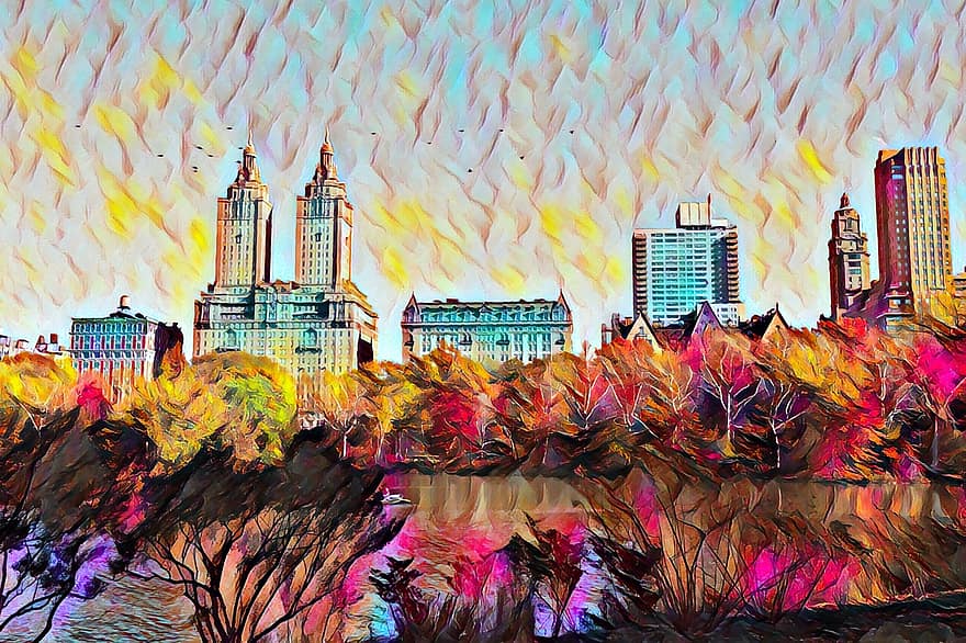City, Park, Lake, Painting, Watercolor, Buildings, Urban, Usa, America, cityscape, skyscraper