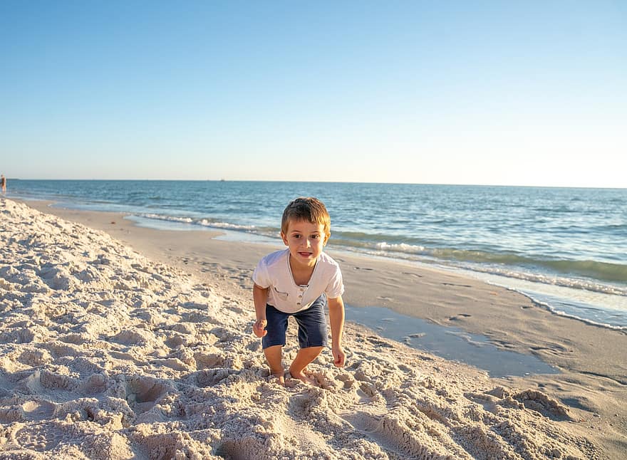 dziecko, wakacje, plaża, Wybrzeże, dzieciństwo, chłopak, portret, ocean, lato, piasek, szczęście