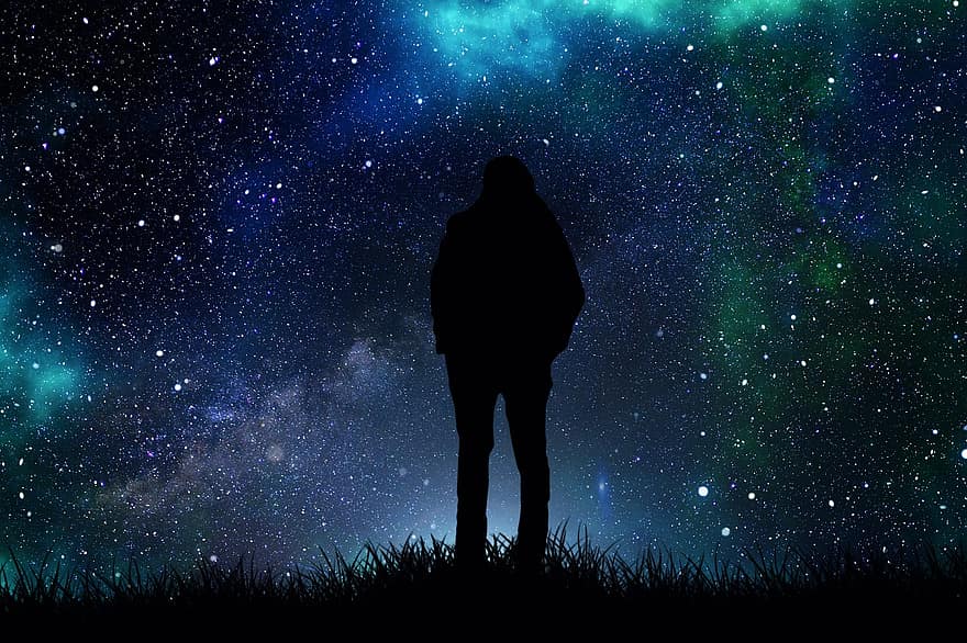 estrella, universo, galaxia, persona, cielo estrellado, silueta, noche, cielo, cielo nocturno, brillar