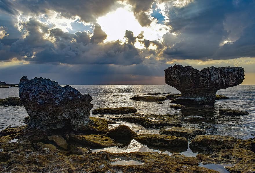 море, скелясте узбережжя, мис Греко, природи, Кіпр, океану, захід сонця, узбережжя, води, краєвид, сутінки