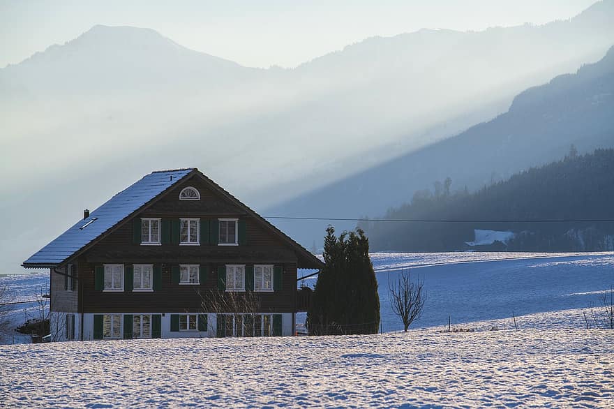 casa, cabina, choza, niebla, montañas, invierno, montaña, nieve, paisaje, cordillera, escena rural