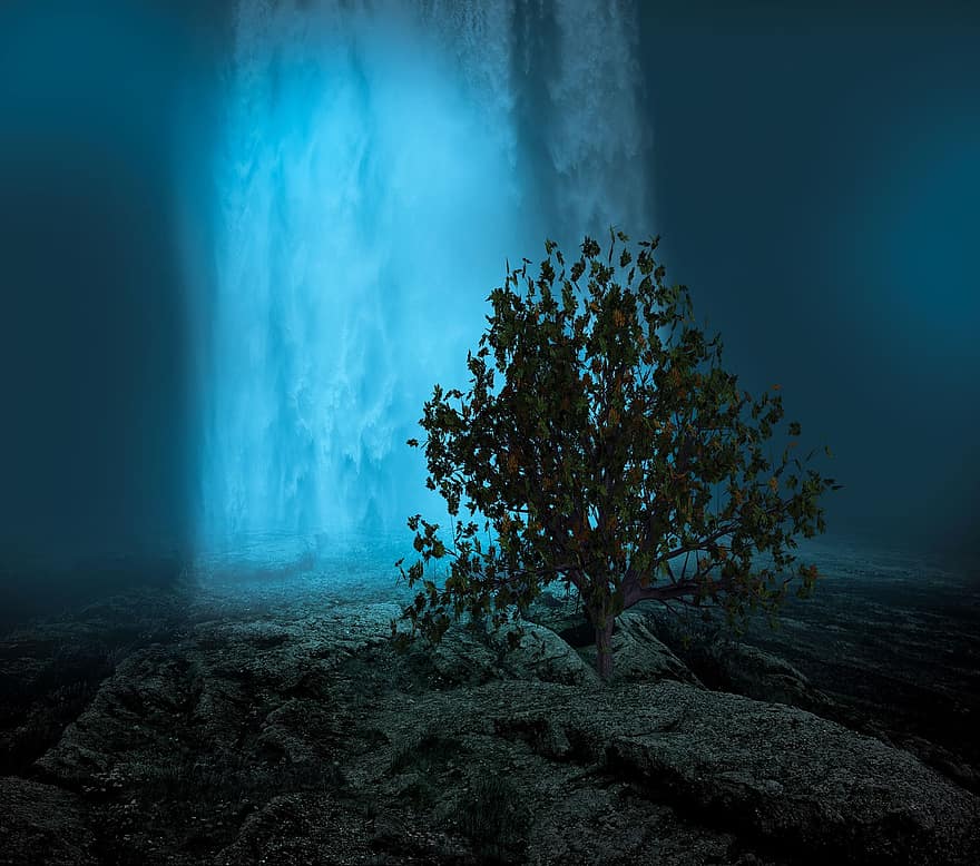 Wasserfall, Baum, Buchcover, Fantasie, Atmosphäre, mystisch