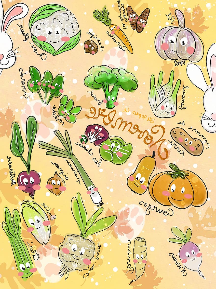 Vegetables, November, Autumn Season, Digital Art, Digital Drawing, carrot, vegetable, rabbit, vector, cute, illustration