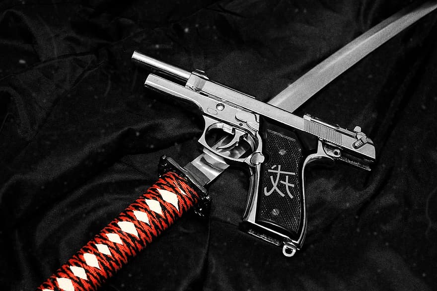 όπλο, beretta m9, πιστόλι, εκφορτωμένο, katana, Σαμουράι σπαθί, Ιαπωνικά, σπαθί, kanji, πολεμιστής, λεπίδα
