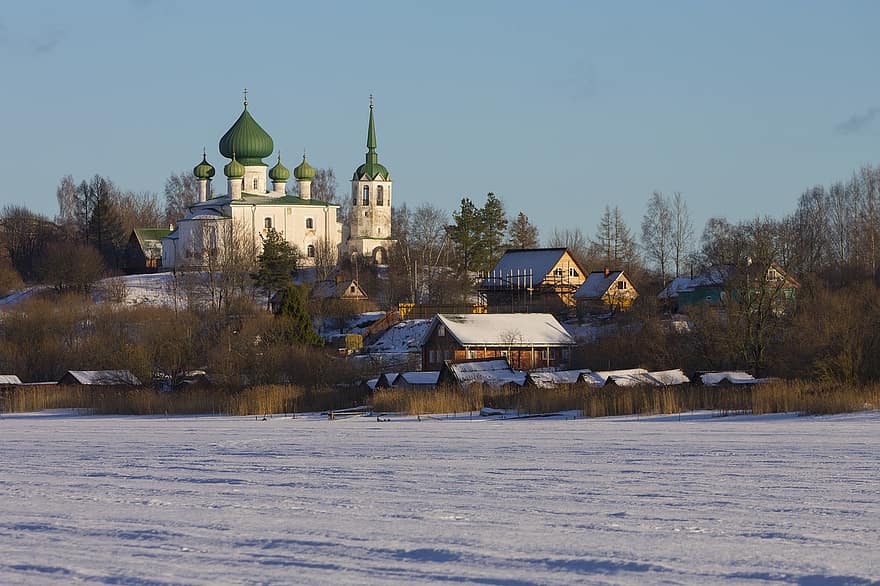 замък, пътуване, туризъм, Стара Ладога, църква, река Волхов, село, християнство, зима, архитектура, култури