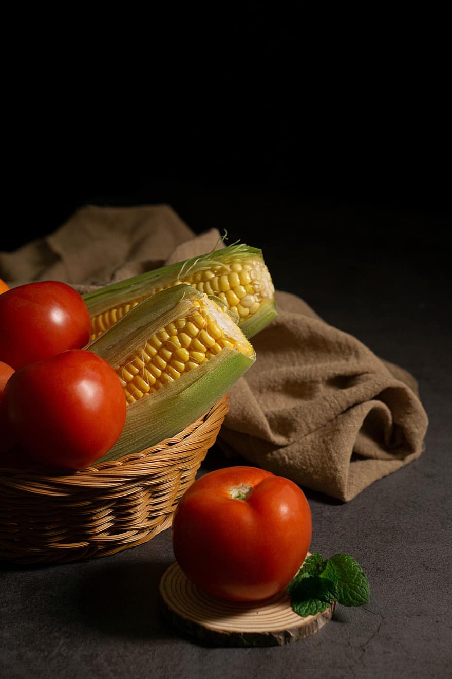 rajčata, kukuřice, ovoce, jídlo, zeleniny, košík, zdravý, výživa, organický, vyrobit, svěžest