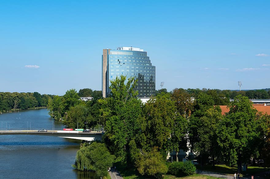 edificio, hotel, cielo, río, agua, fachada, ulm, Alemania, Baden Wurtemberg