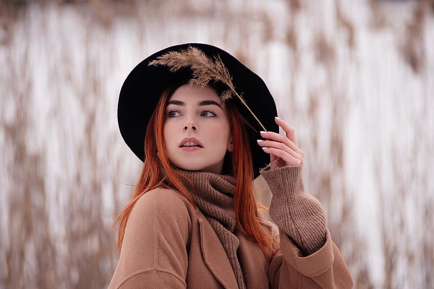 femme, chapeau, jeune femme, manteau, roux, forêt, Ukraine, kiev, la nature, femmes, une personne