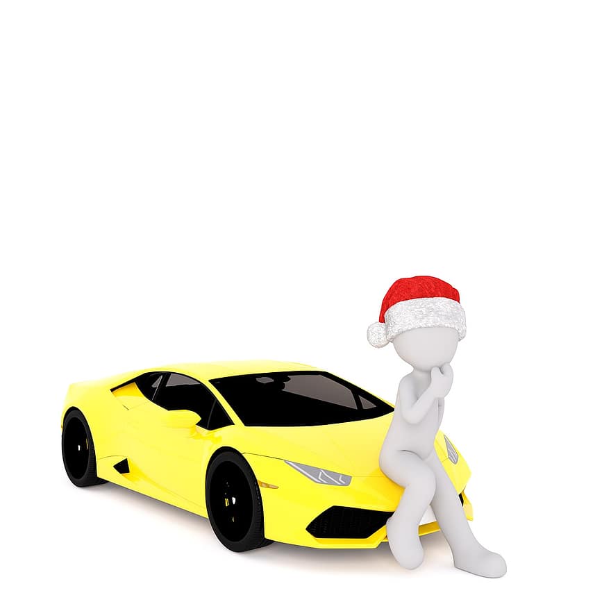 白人男性、白、図、孤立した、クリスマス、3Dモデル、全身、3 dサンタ帽子、贅沢、高級車、オーナー