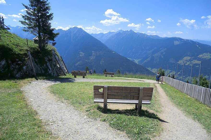 hora, lavice, údolí, vysokohorský, turistika, Pohled, panoráma, pěší cesta, Rakousko