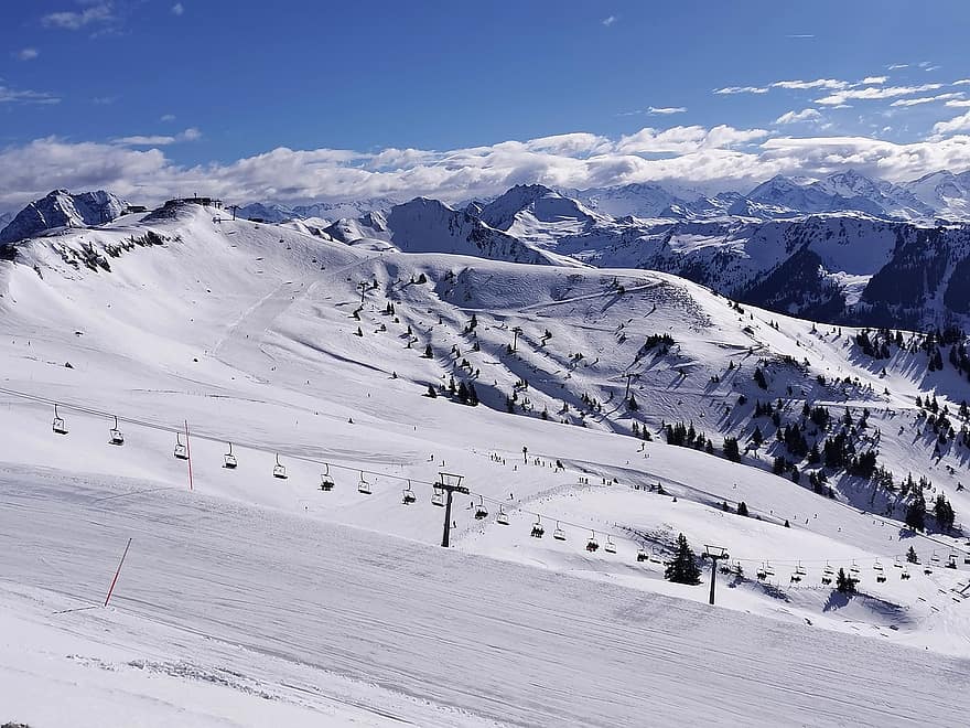 bjerge, skiområde, sne, alpine, Alperne, vinter, bjerg, sport, skibakke, landskab, blå