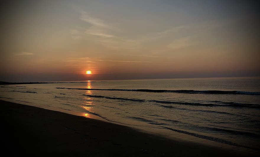 posta de sol, mar, platja, caminar, sol, onades, illa, vespre, sortida del sol, alba, llum solar