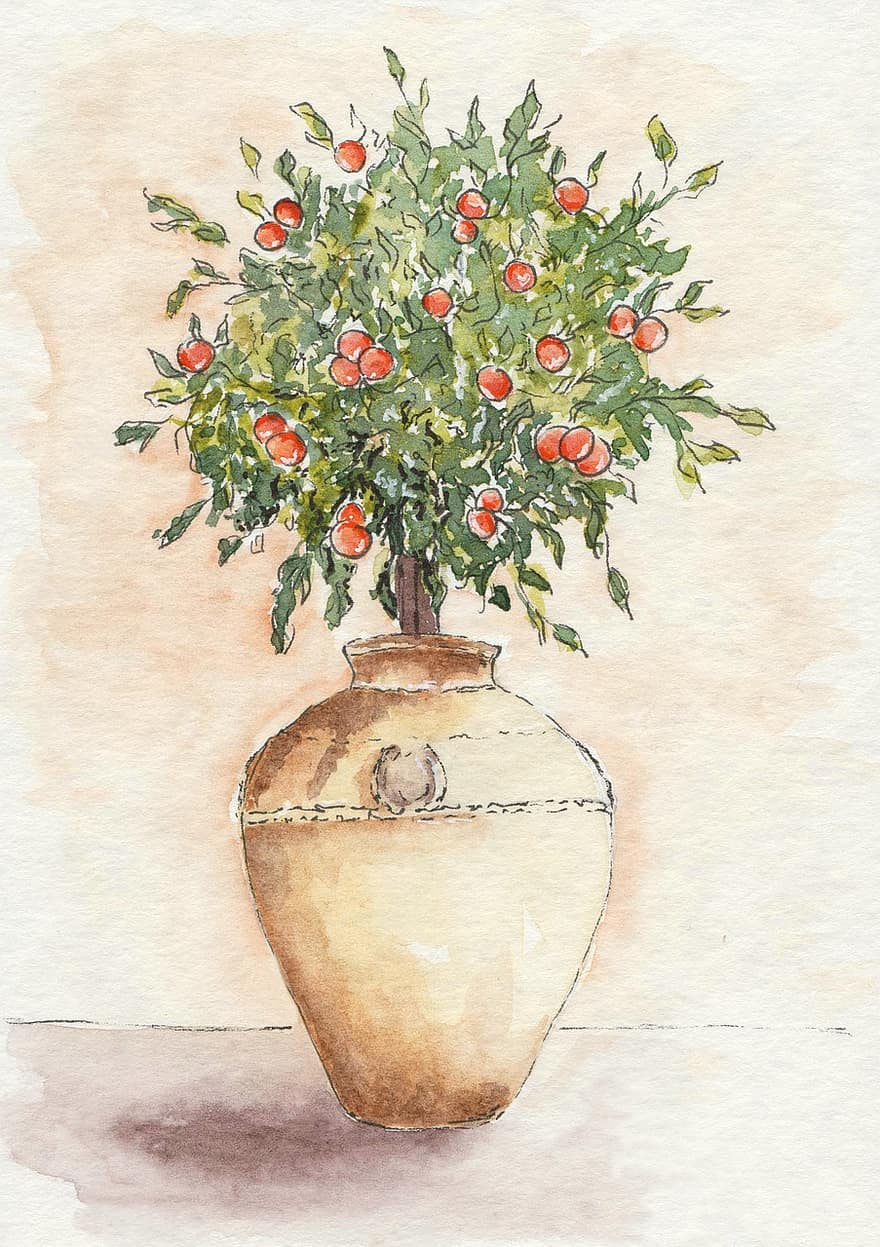 Flowers, Vase, Fruit, Ceramics, Citrus, Tree, Garden, Antique, Texture, Watercolor, Cute