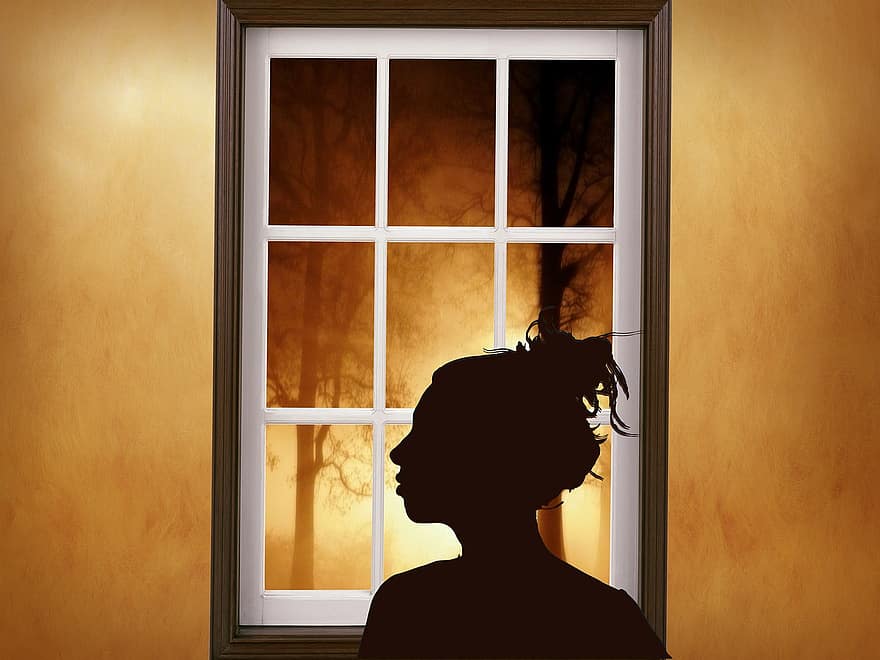 mulher, perfil, silhueta, sala, janela, uma pessoa, homens, adulto, mulheres, retroiluminado, dentro de casa