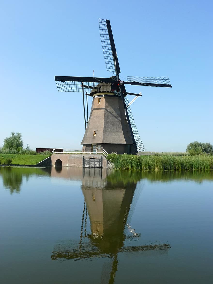 вятърна мелница, канал, южна Холандия, Холандия, историческа архитектура, небе, вода, пейзаж, лято, син, селска сцена