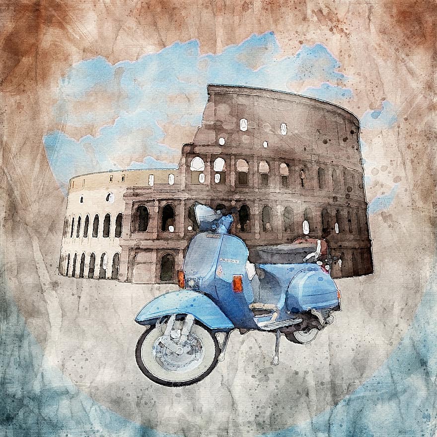 Рим, Веспа, живопис, акварел, заден план, постер, пътуване, пощенска картичка